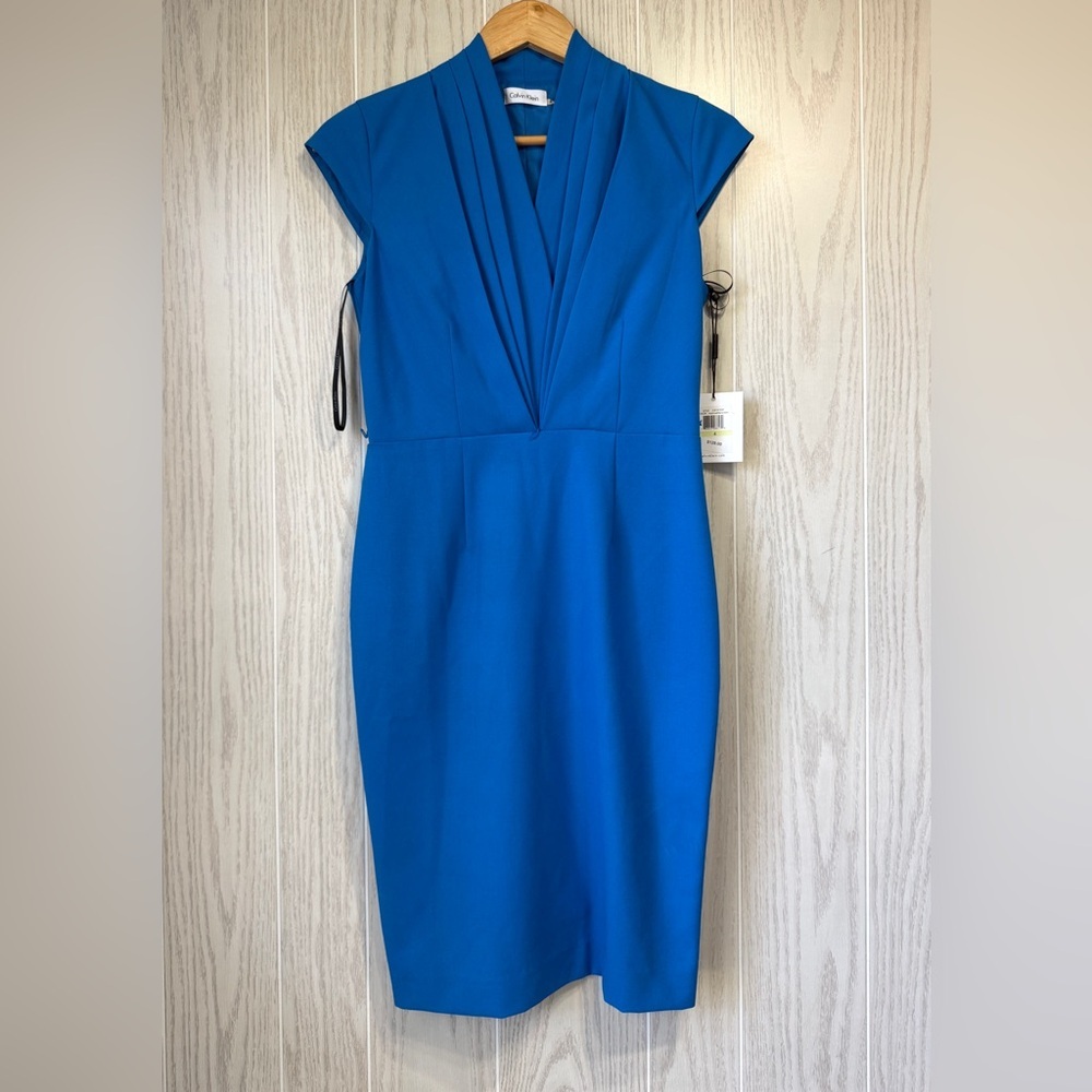 Calvin Klein Mediterranean Blue Pleated V-Neck Sheath Dress Size 4